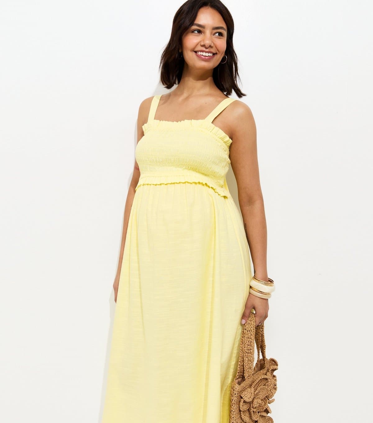 New Look Women's Maternity Yellow Shirred Strappy Bow Back Midi Dress New Look