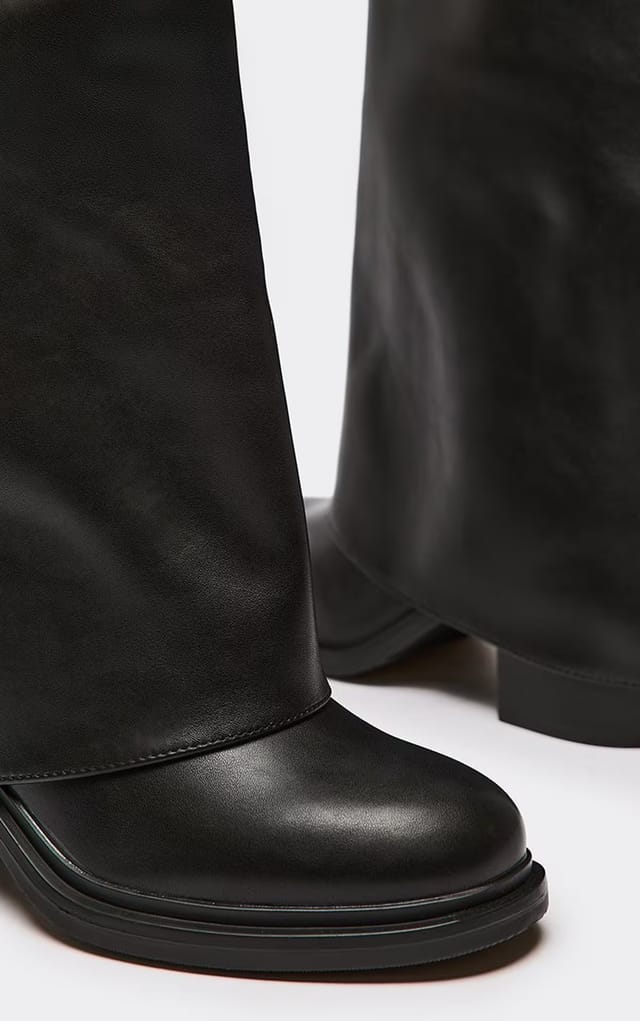 EGO Angola Layered Knee High Chunky Heeled Boot In Black Faux Leather, Women's Size UK 3 - 2