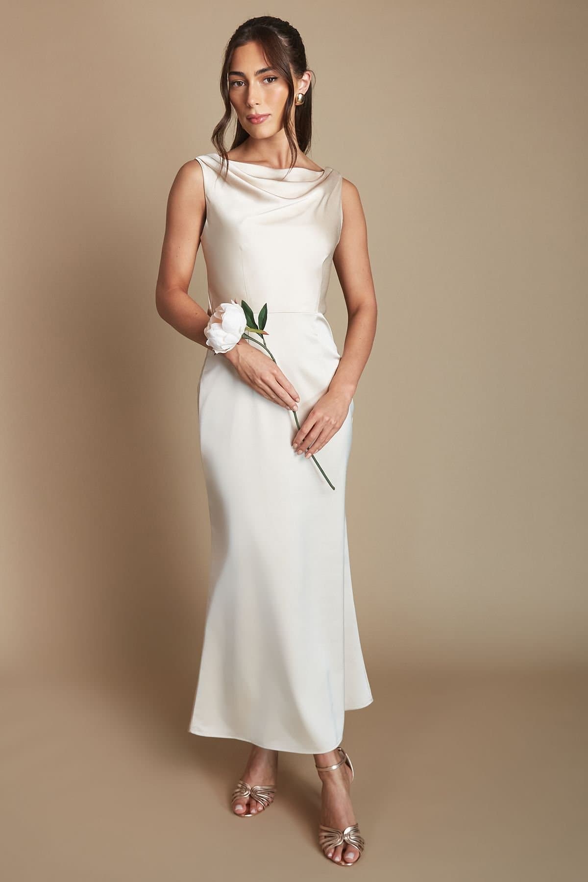 Oasis Oasis Women's Champagne Cowl Neck Open Back Midi Bridesmaid Dress