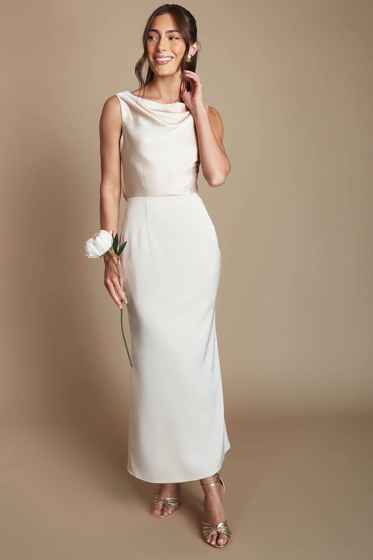 Oasis Oasis Women's Champagne Cowl Neck Open Back Midi Bridesmaid Dress - 4