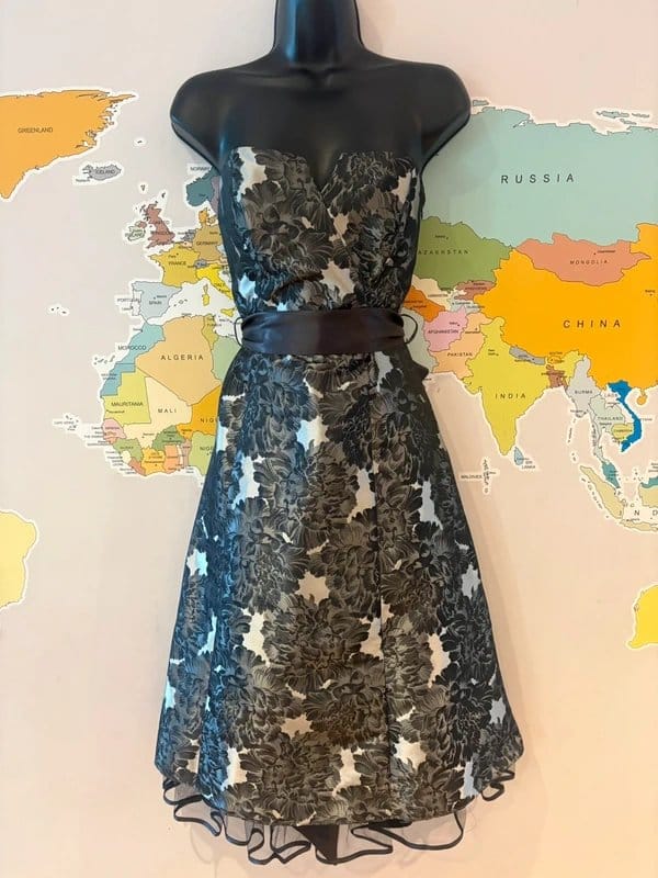 Debut Début Black Grey Floral Strapless Prom Dress UK 10 Wedding Guest Fit & Flare Occasion - 1