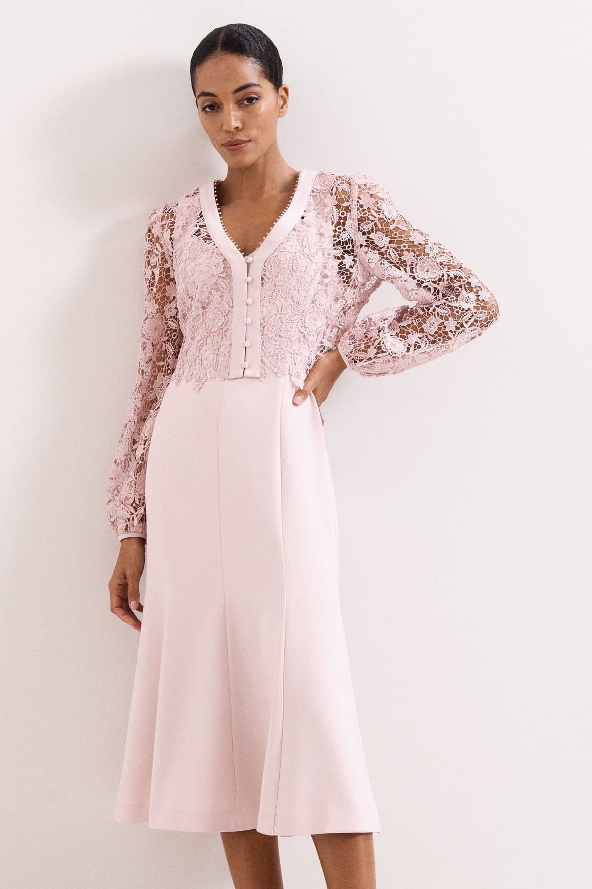 Phase Eight Phase Eight Women's Ayumi Part Lace Midi Dress in Pale Pink