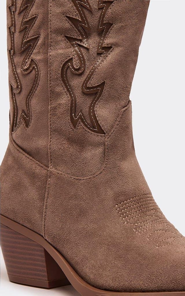 EGO Jessy Embroidered Detail Mid Calf Western Cowboy Boot In Taupe Faux Suede, Women's Size UK 3 - 2