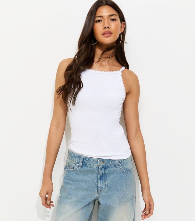 New Look Women's White Ribbed Daisy Trim Cami Top New Look - 2
