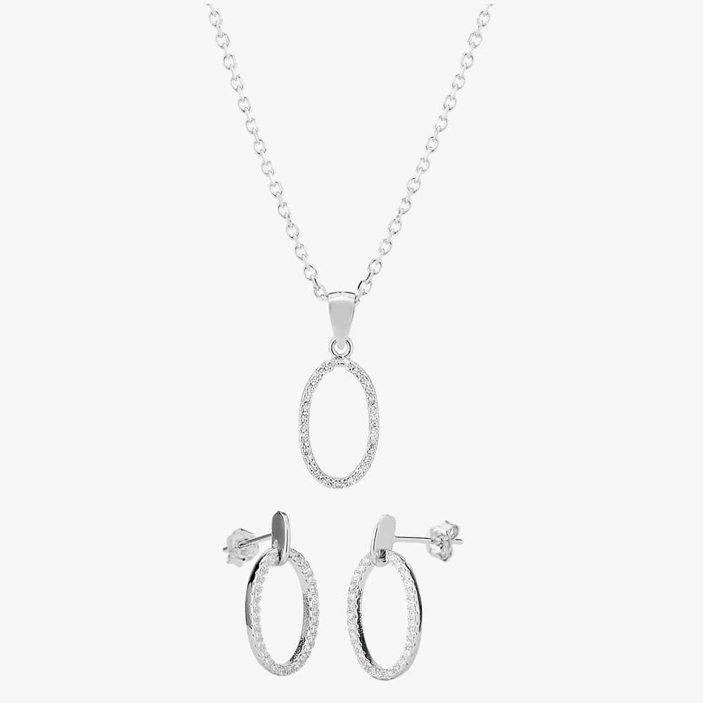 T.H.Baker T.H.Baker Women's Silver Cubic Zirconia Open Oval Pendant & Dropper Earring Set SET12795