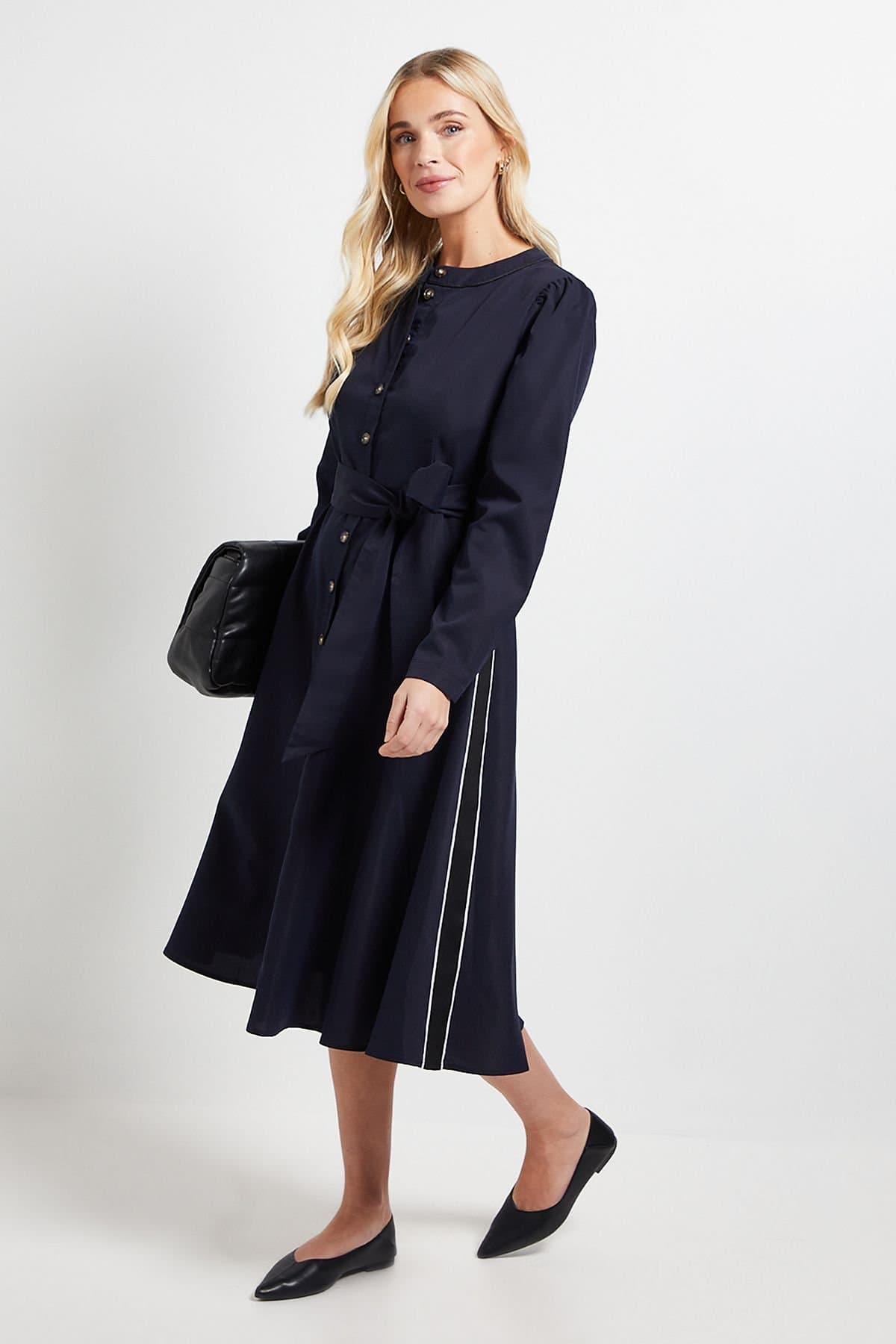 Wallis Wallis Women's Petite Side Stripe Tie Waist Midi Dress in Navy