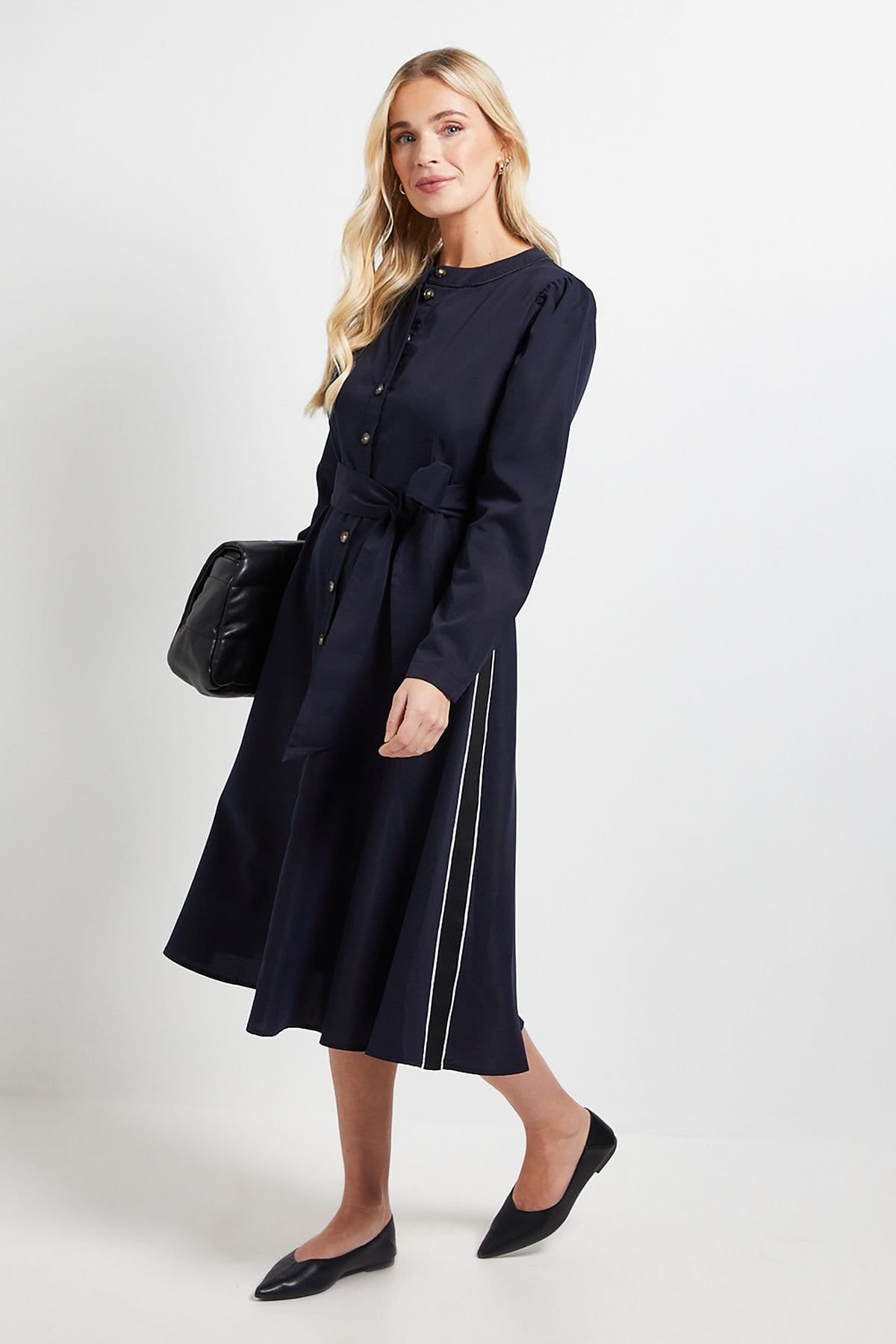 Wallis Navy Petite Side Stripe Tie Waist Midi Dress