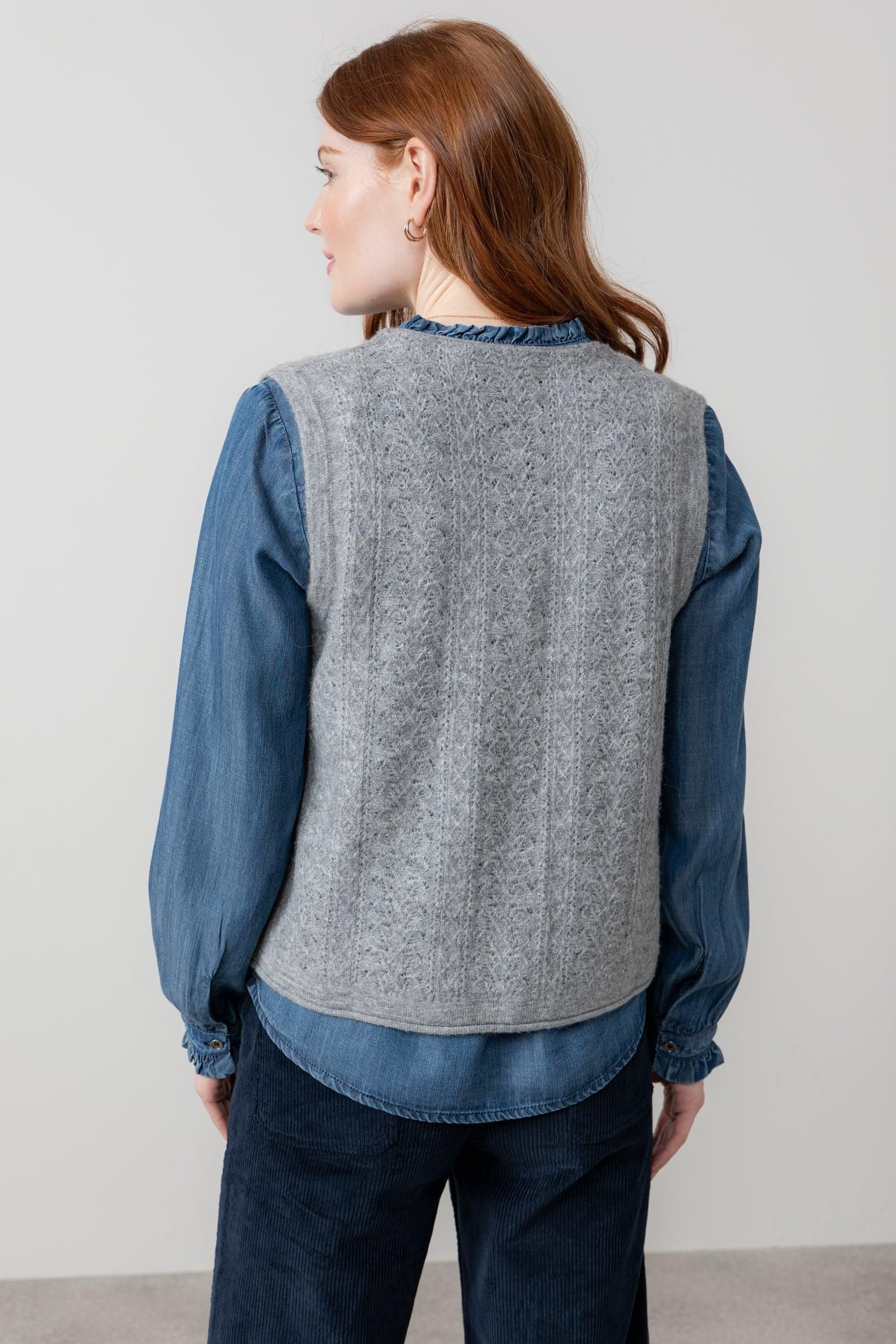 Lily & Me Lily & Me Women's Marly Sleeveless Pointelle Knit V-Neck Cardigan in Grey - 4