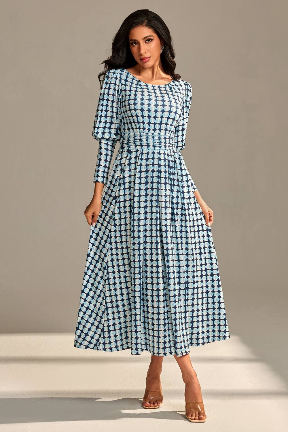 Jolie Moi Jolie Moi Women's Long Puff Sleeved Jersey Maxi Dress in Blue - 3