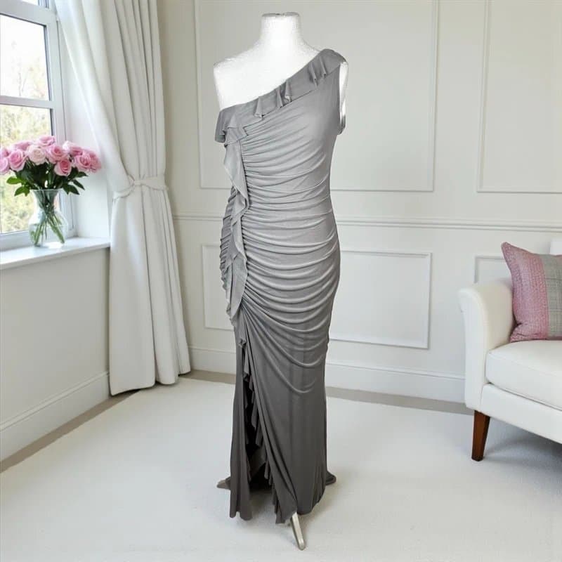 Flounce London UK 16 Flounce London Mesh Maxi Dress One Shoulder Ruched Stretch Lined Grey Split