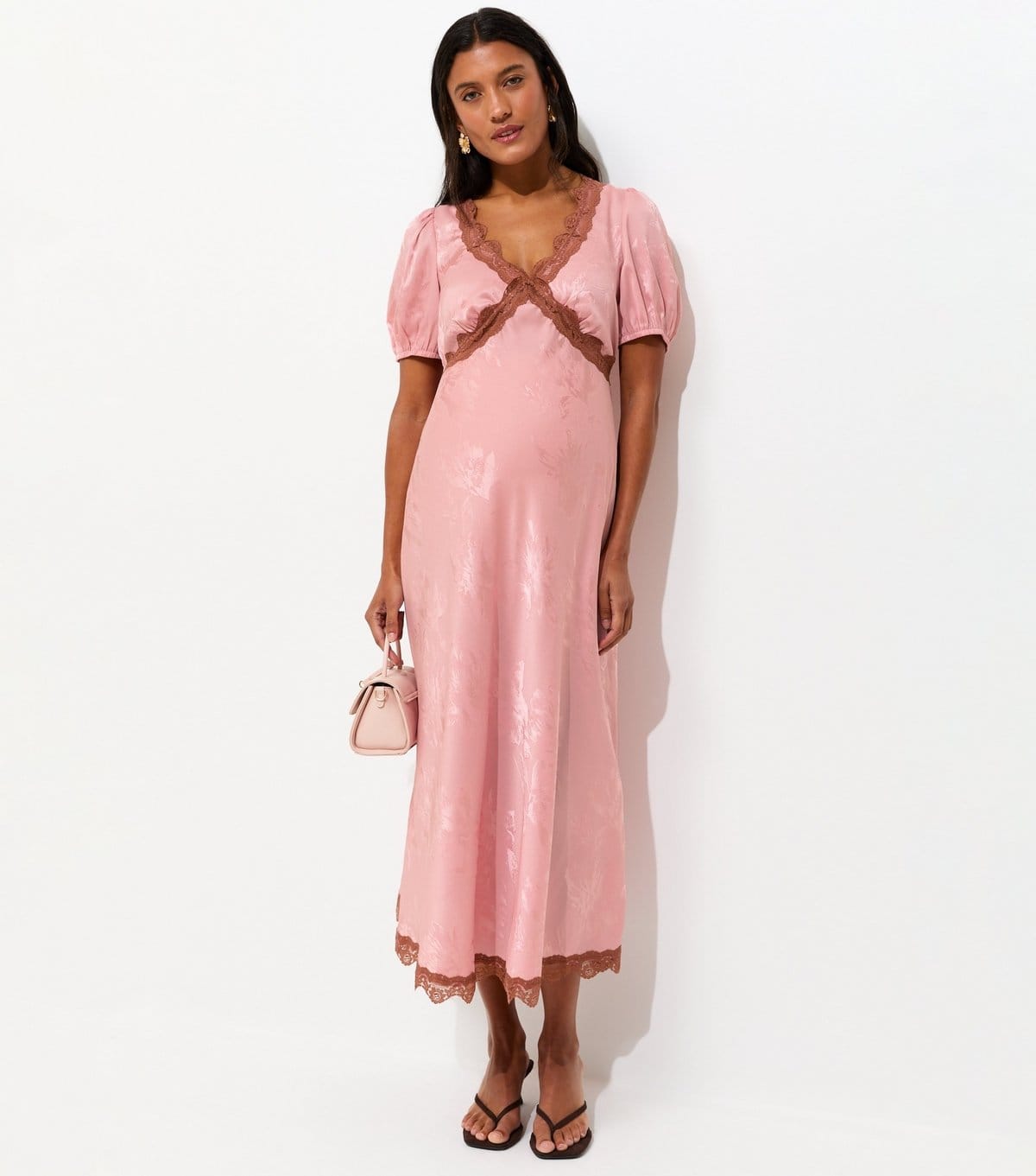 New Look Light Pink Maternity Satin Lace Trim Midi Dress