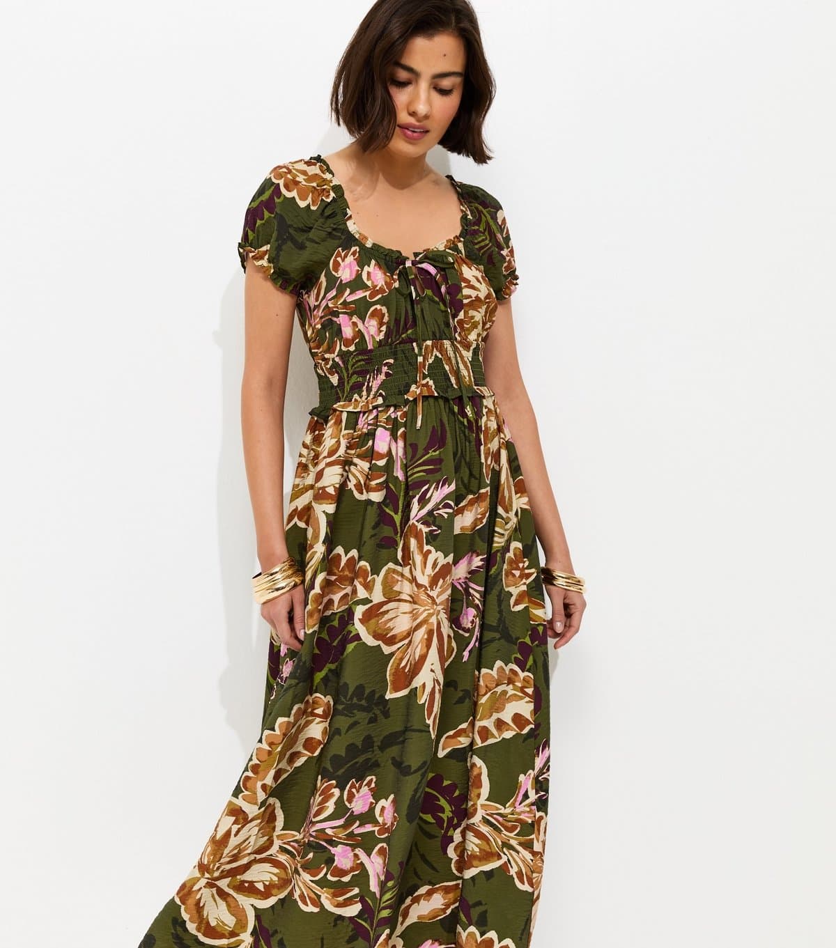 New Look Women's Green Paisley Pattern Shirred Waist Midi Dress New Look