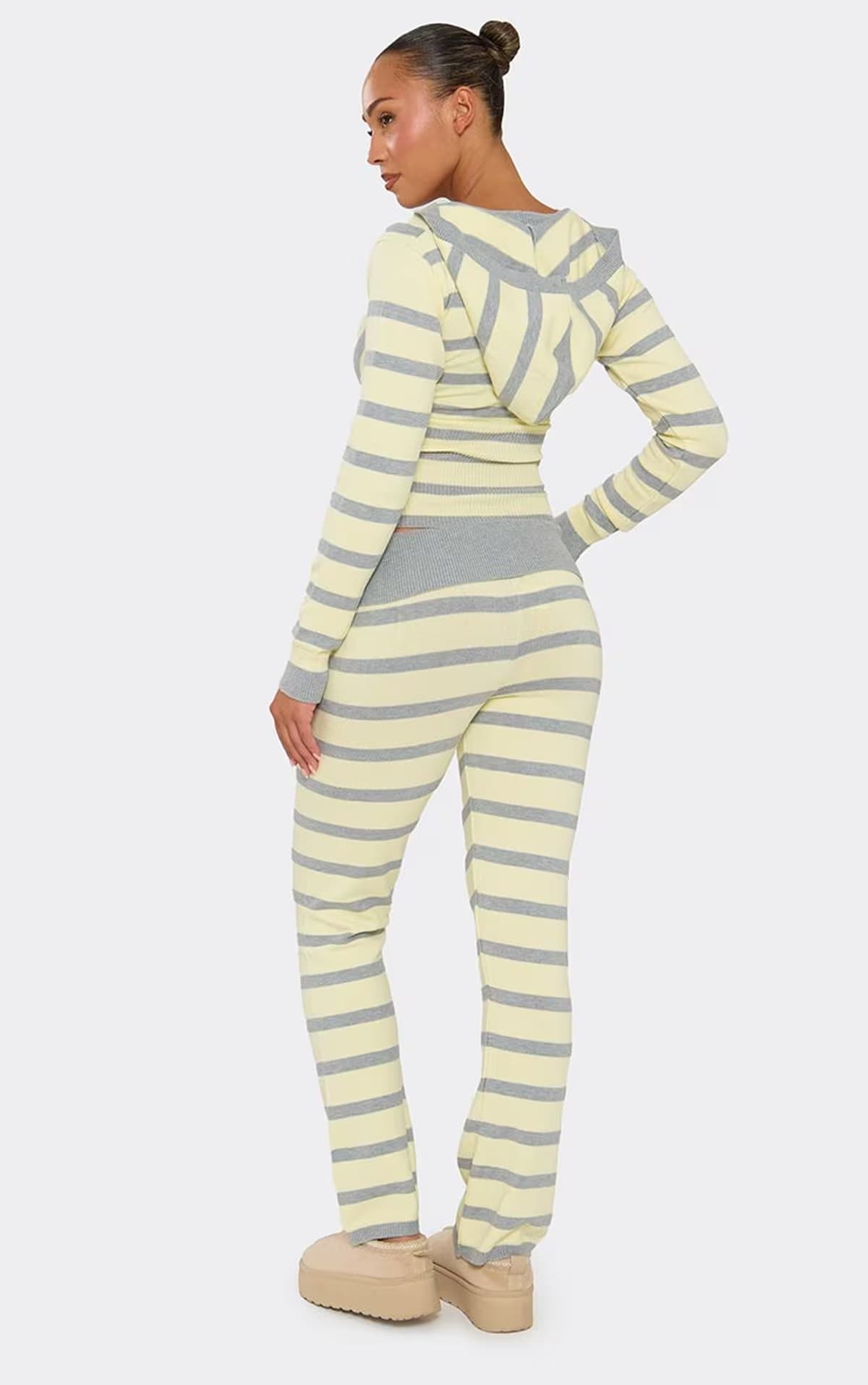 EGO Fold Over Waist Straight Leg Trouser In Lemon And Grey Striped Knit., Women's Size UK S