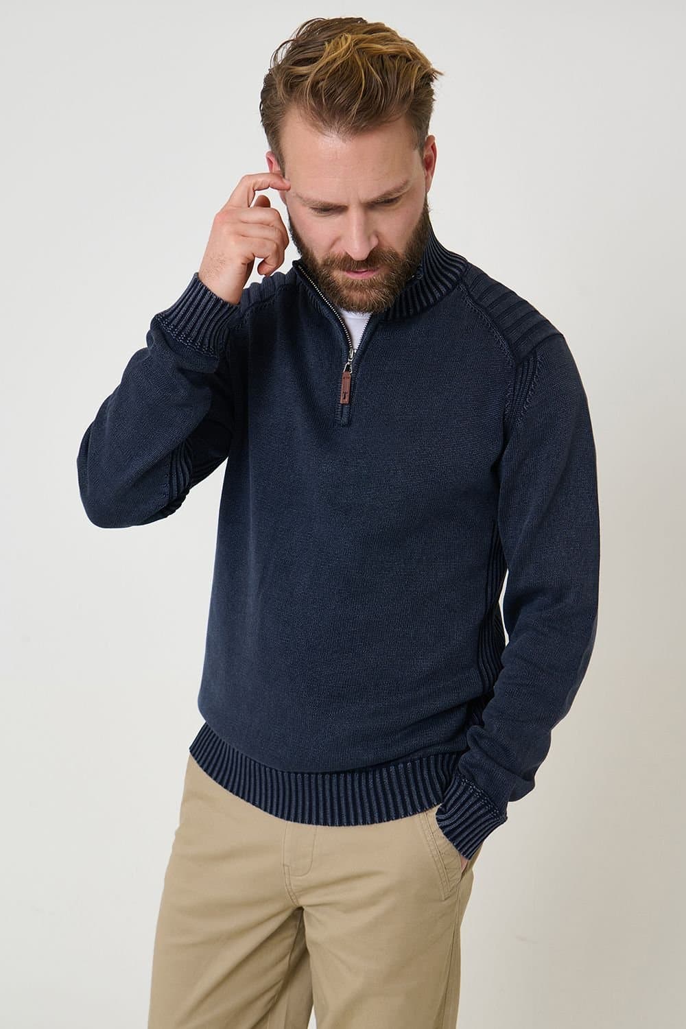 Saltwell Saltwell Men's Acid Wash Rib Quarter Zip Jumper in Navy
