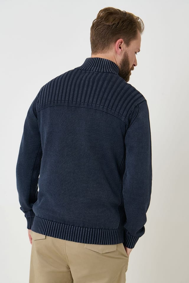 Saltwell Saltwell Men's Acid Wash Rib Quarter Zip Jumper in Navy - 2