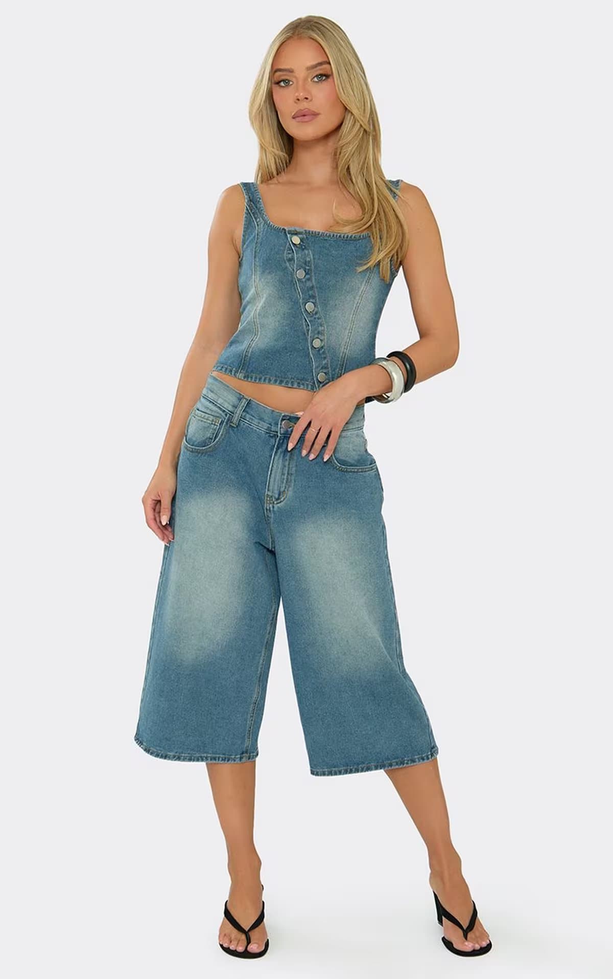 EGO Sleeveless Asymmetric Front Button Detail Top In Mid Wash Blue Denim, Women's Size UK 6