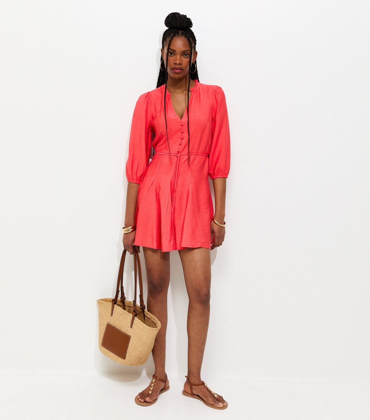 New Look Women's Dark Coral Godet Skirt Belted Mini Shirt Dress New Look - 3