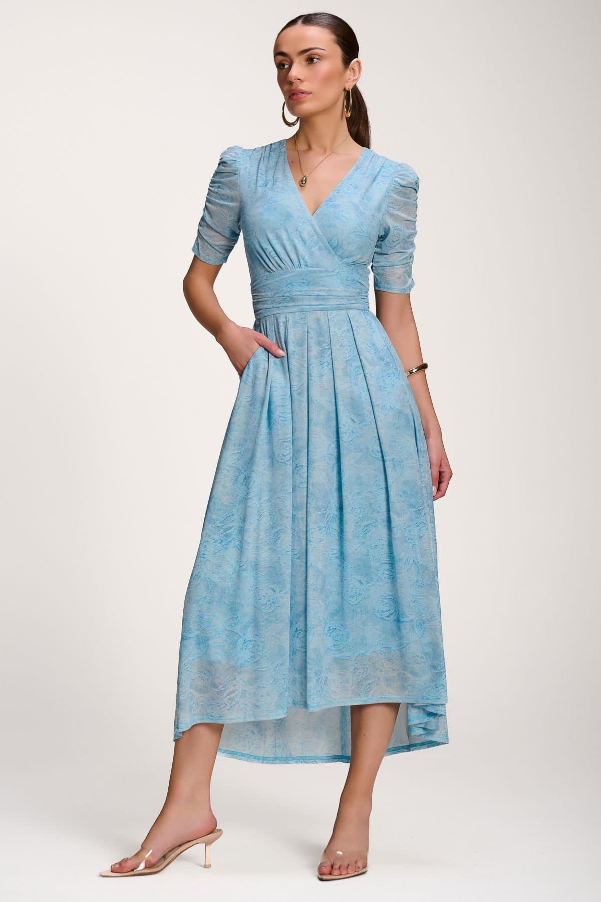 Jolie Moi Jolie Moi Women's Printed Mesh Dip Hem Maxi Dress in Light Blue