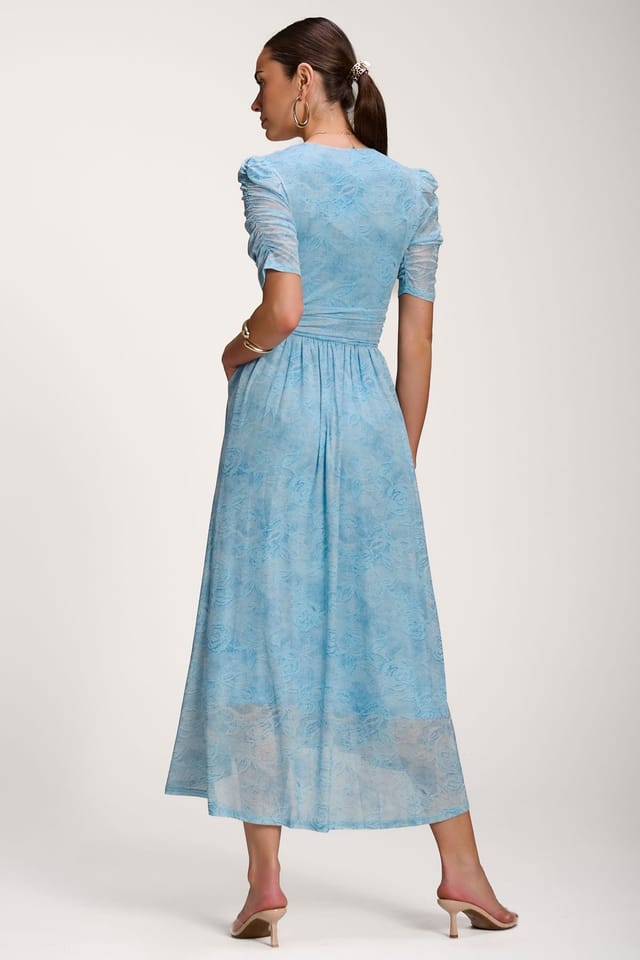 Jolie Moi Jolie Moi Women's Printed Mesh Dip Hem Maxi Dress in Light Blue - 2