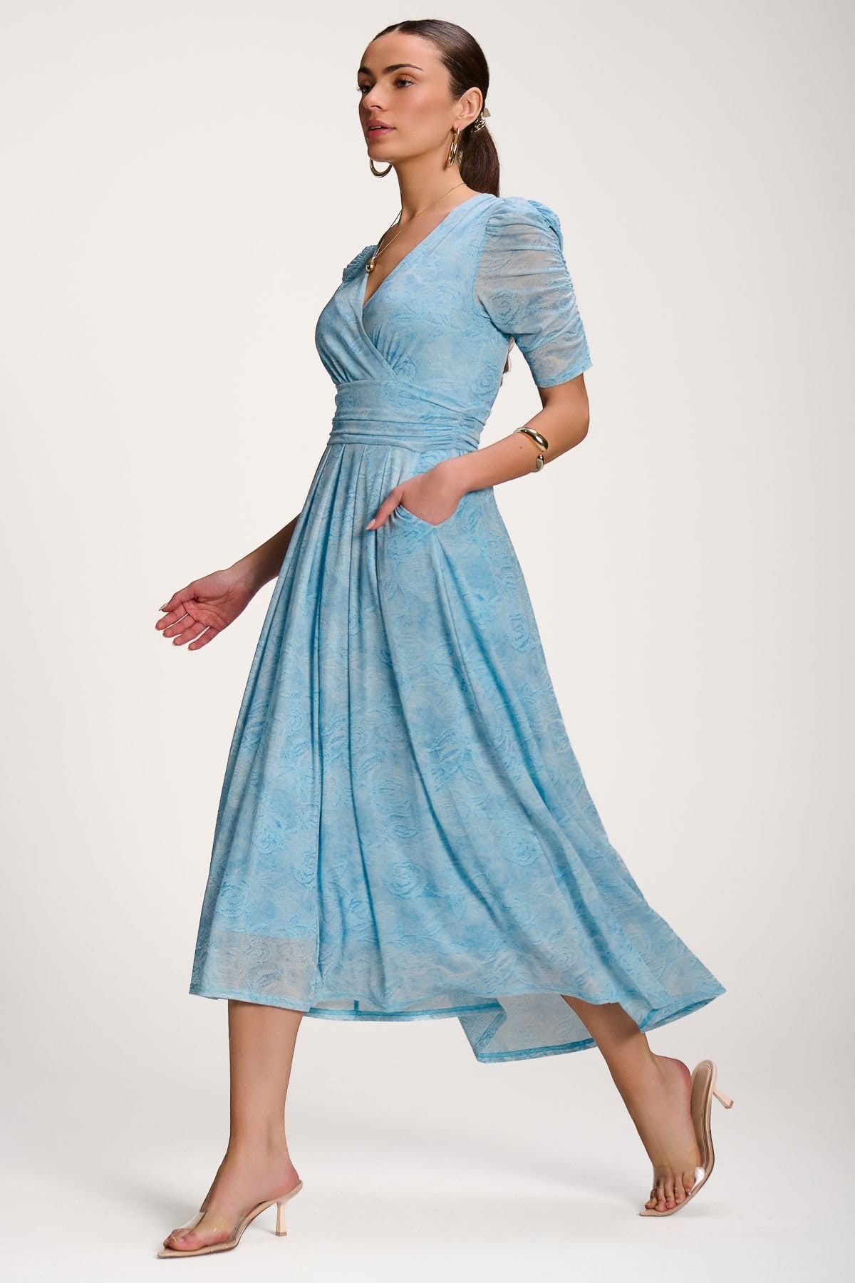 Jolie Moi Jolie Moi Women's Printed Mesh Dip Hem Maxi Dress in Light Blue - 4