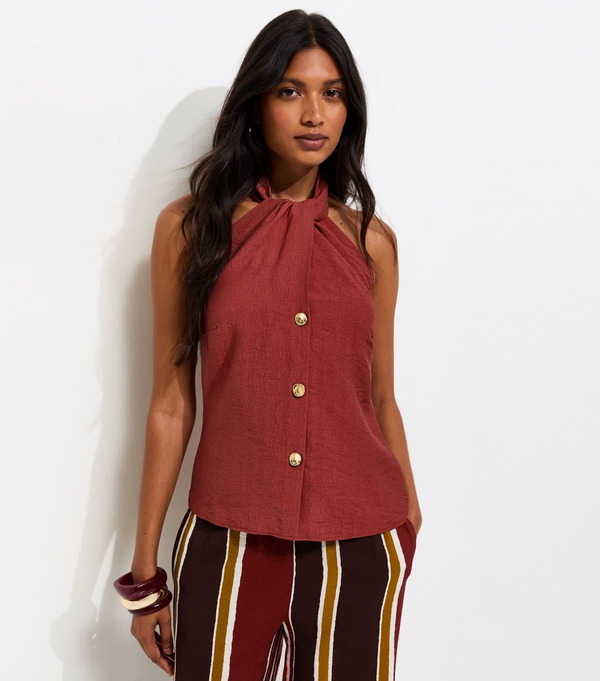 New Look Women's Rust Button Front Halter Neck Top New Look