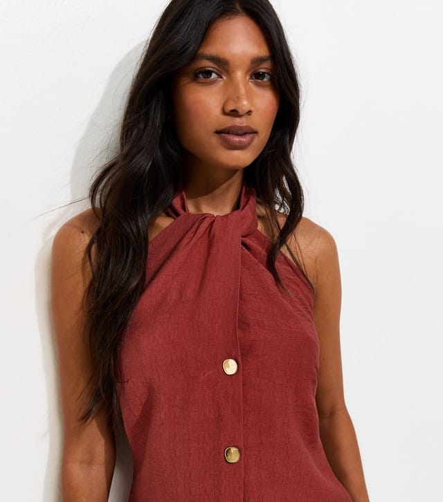 New Look Women's Rust Button Front Halter Neck Top New Look - 2