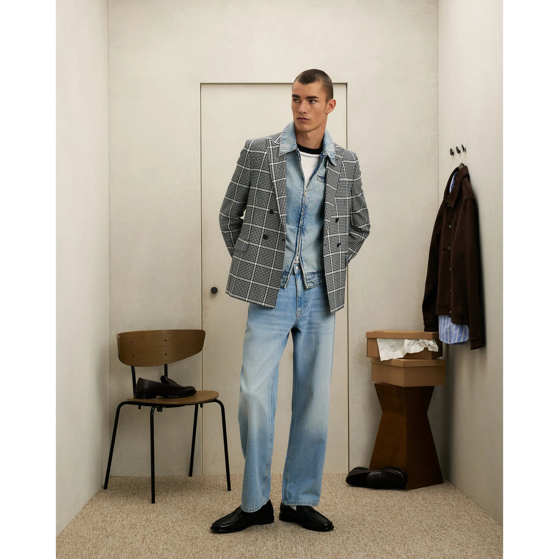 River Island Mens River Island Black Check Double Breasted Blazer