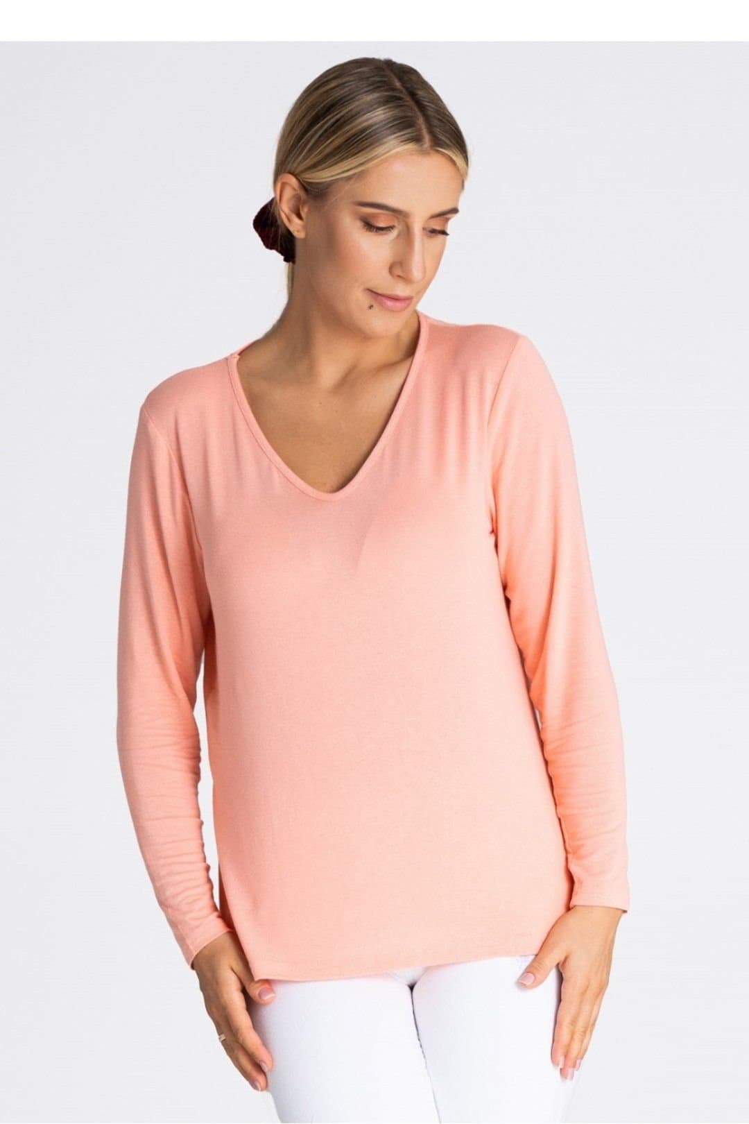 Love Lace Love Lace Women's V Neck Long Sleeve Blouse in Soft Fabric in Coral
