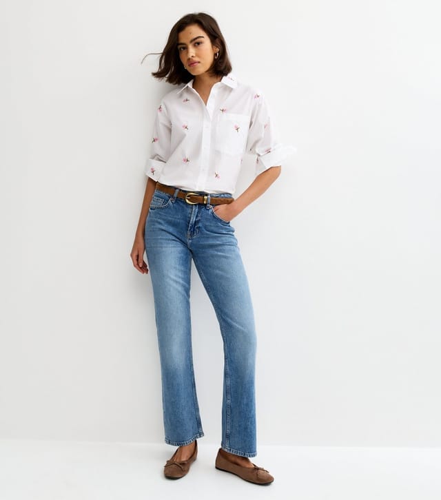 New Look Women's White Cotton Poplin Floral Embroidery Shirt New Look - 2