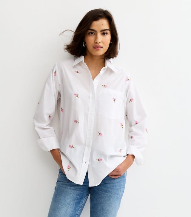 New Look Women's White Cotton Poplin Floral Embroidery Shirt New Look - 3
