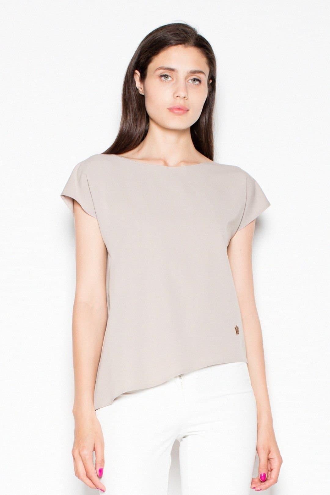Love Lace Love Lace Women's Asymmetric Loose Fit Round Neck Blouse in Beige