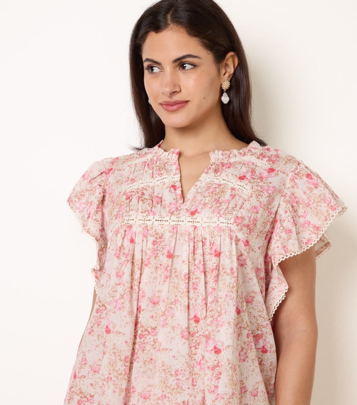 Blue Vanilla Pink Floral Ruffle Sleeve Blouse