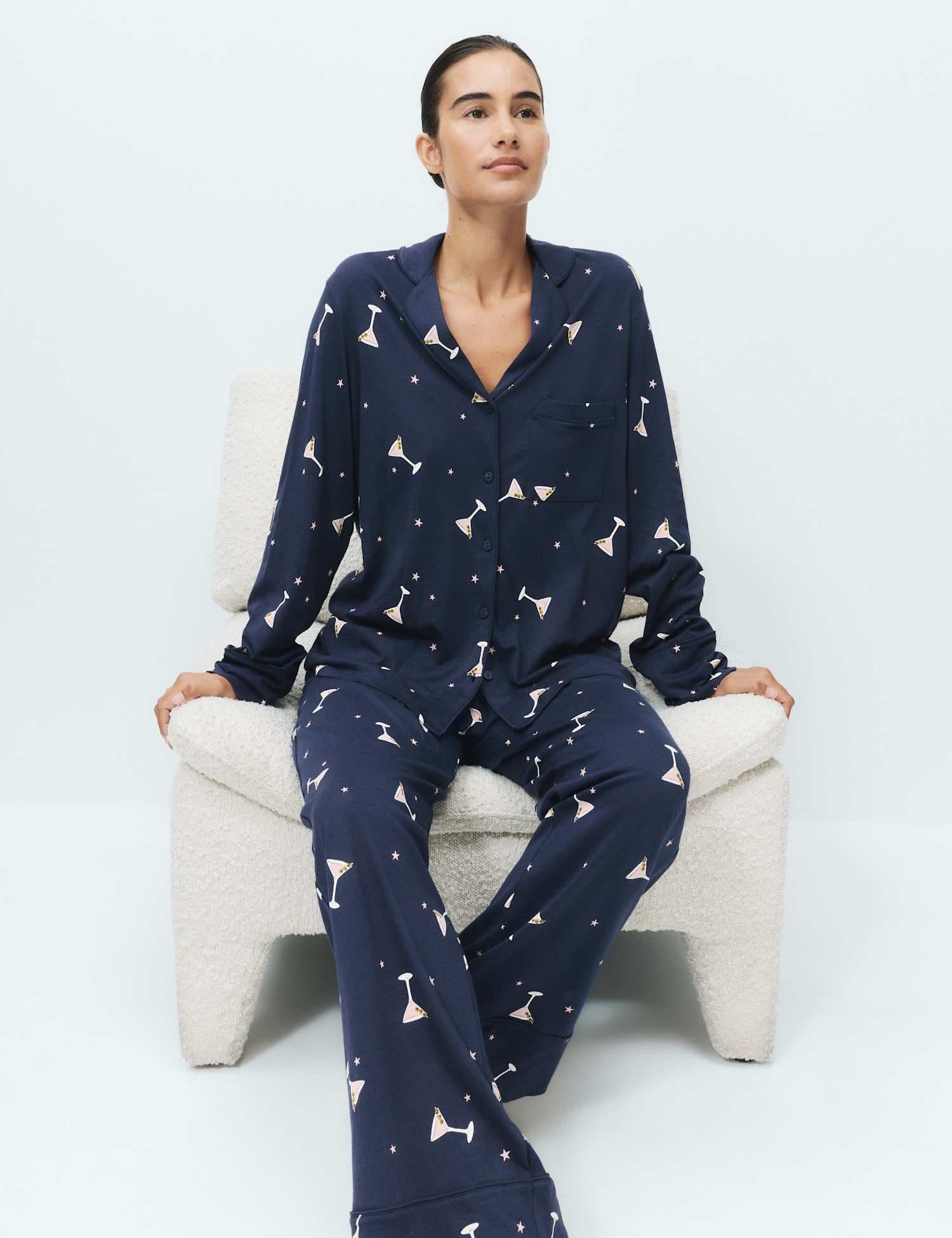 Marks & Spencer M&S Cotton Modal Printed Revere Long Pyjama Set Indigo Mix