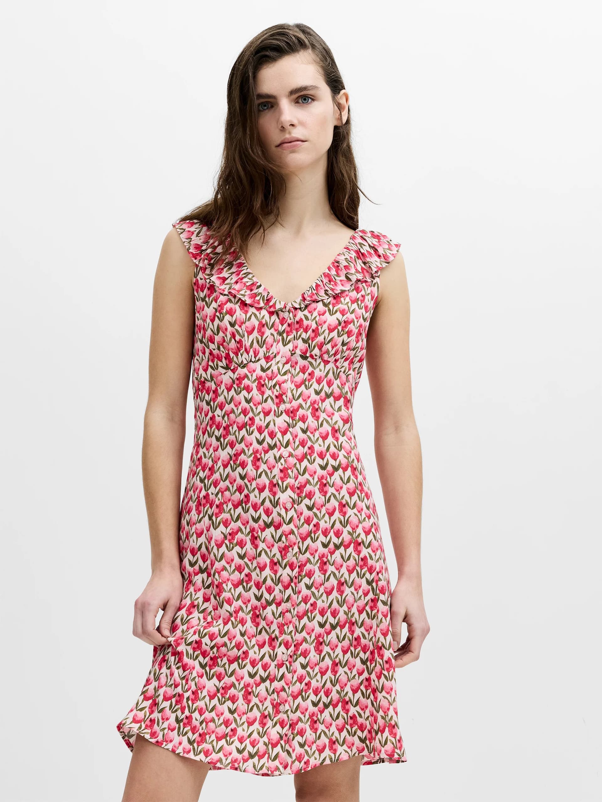 French Connection Tula Eco Floral Frill V-Neck Tea Dress Pink Multi