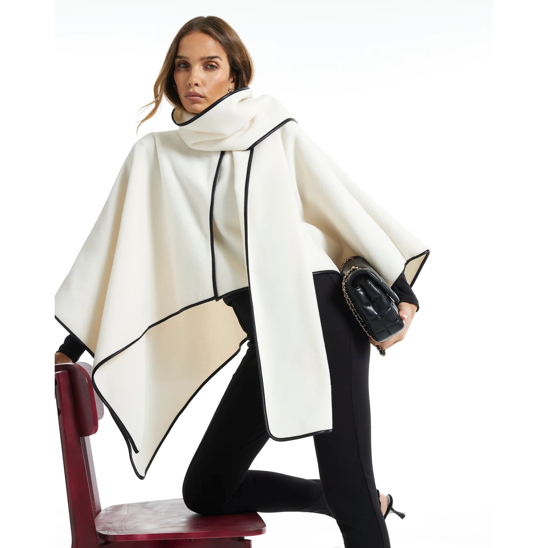 River Island River Island Womens Cream Faux Leather Trim Scarf Cape