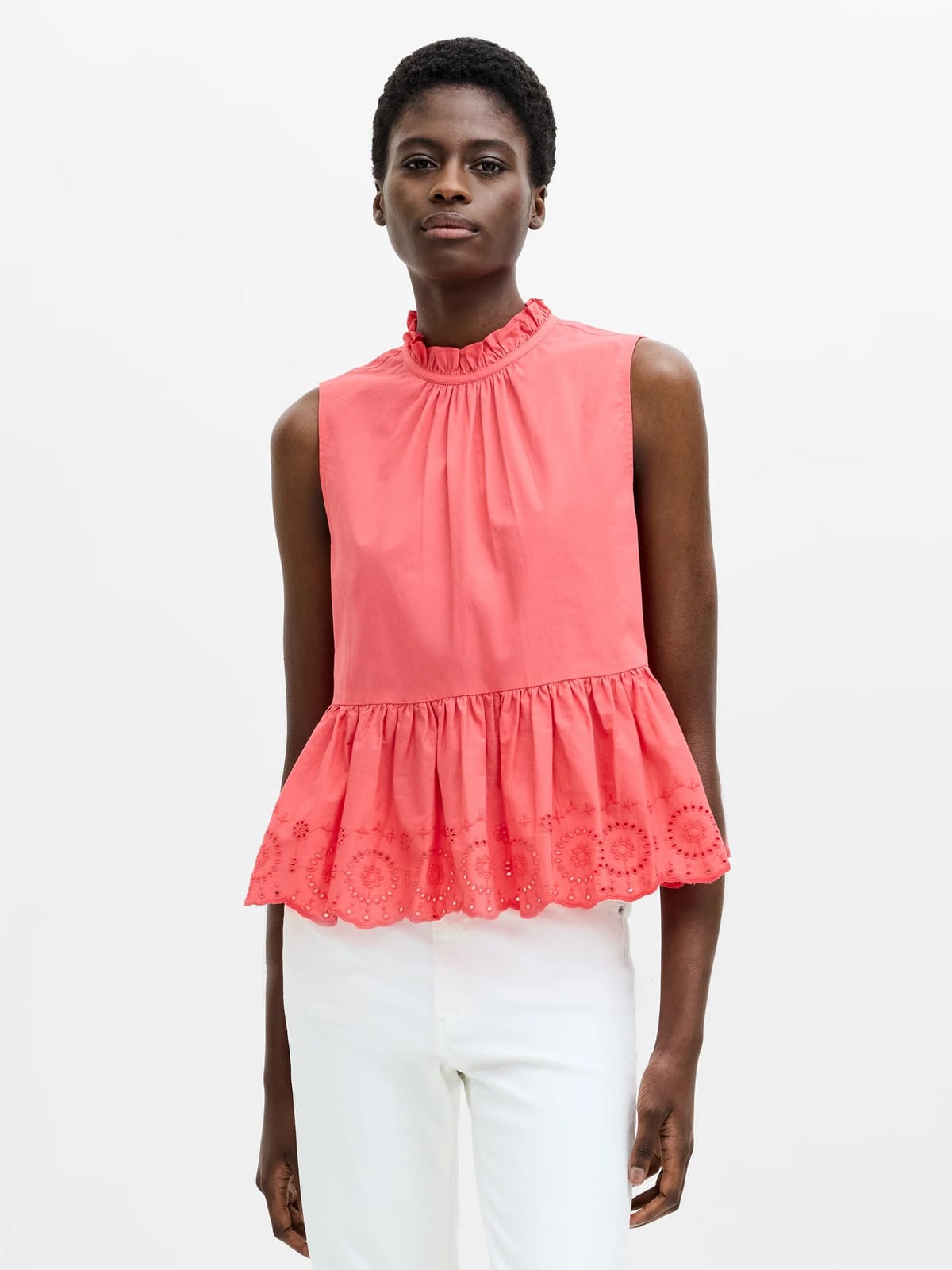 French Connection High Neck Broderie Hem Peplum Top Raspberry Pink - 1