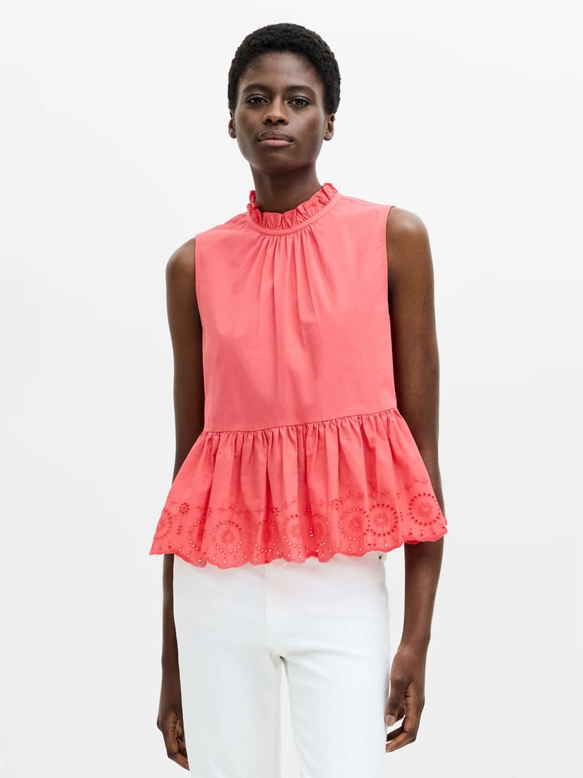 French Connection High Neck Broderie Hem Peplum Top Raspberry Pink - 1