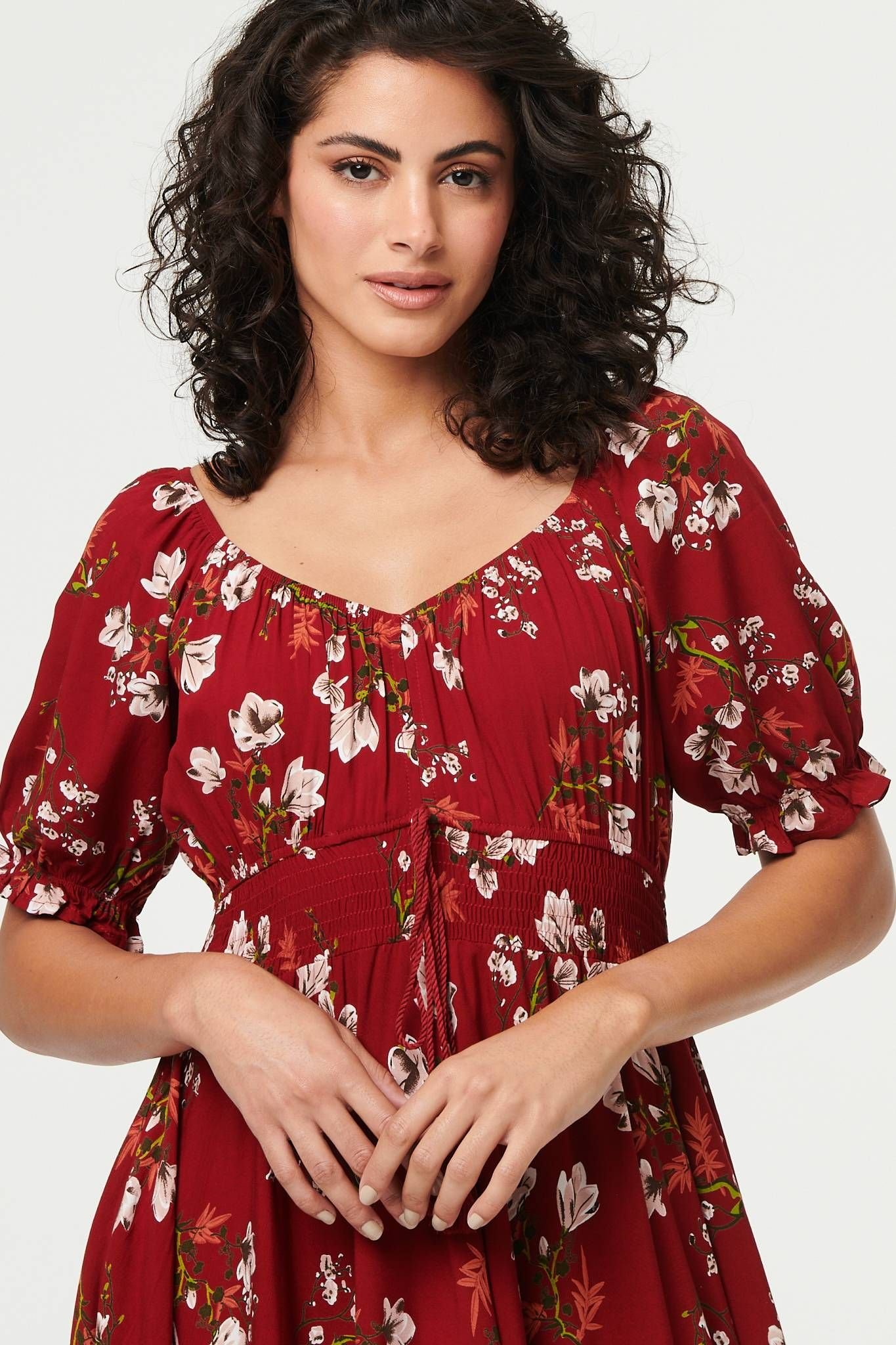 Izabel London Izabel London Women's Floral Bardot Shirred Empire Maxi Dress in Red - 2