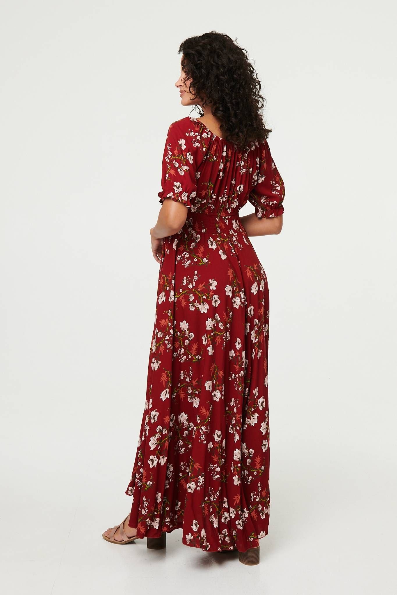 Izabel London Izabel London Women's Floral Bardot Shirred Empire Maxi Dress in Red - 3