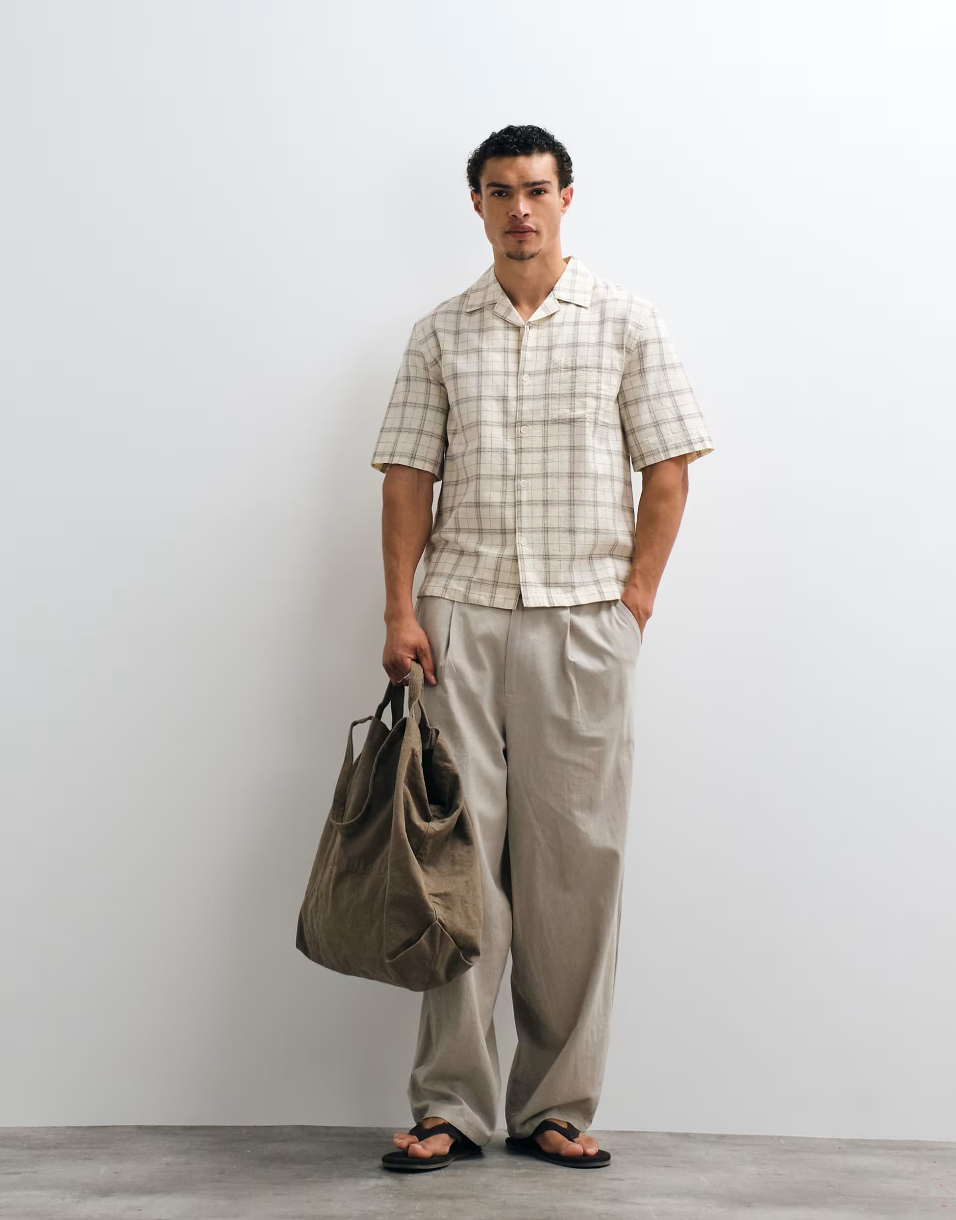 ASOS Mango checked short sleeve shirt in ecru