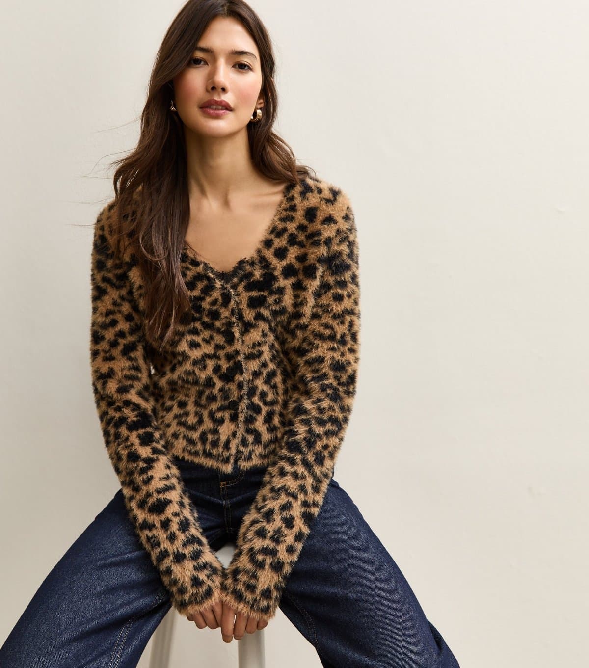 New Look Women's Brown Fluffy Knit Leopard Pattern Cardigan New Look