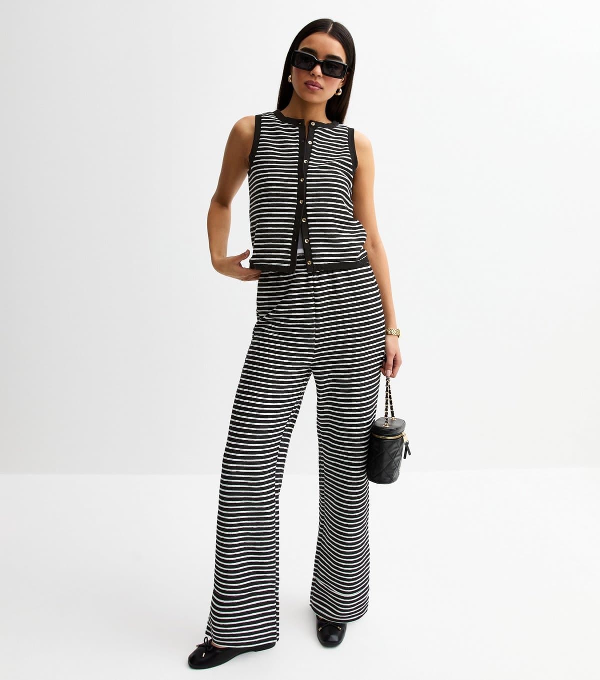 New Look Women's Black Textured Striped Wide Leg Trousers New Look