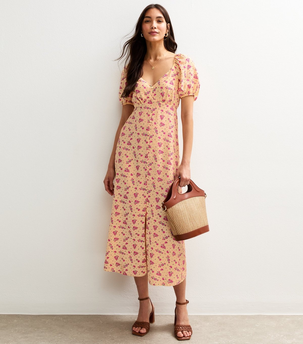 New Look Women's Yellow Floral Print Puff Sleeve Midi Dress New Look - 3