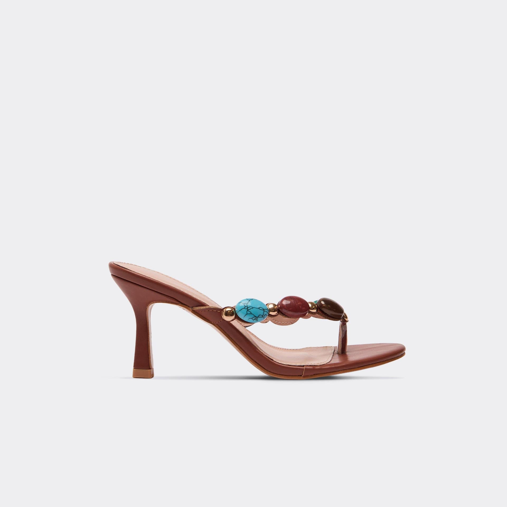 EGO Aspen Gem Thong Strap Detail Heeled Mule In Tan Brown Faux Leather, Women's Size UK 3