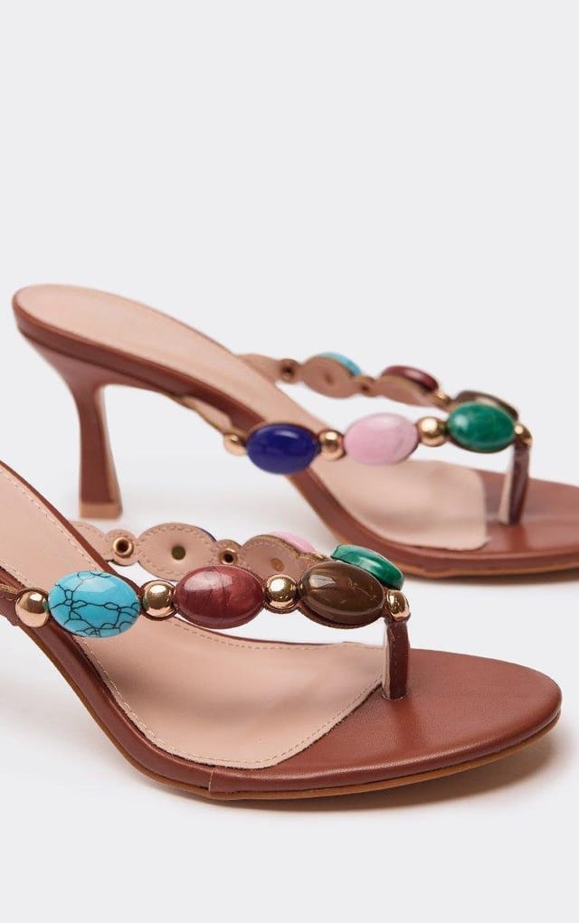 EGO Aspen Gem Thong Strap Detail Heeled Mule In Tan Brown Faux Leather, Women's Size UK 3 - 2