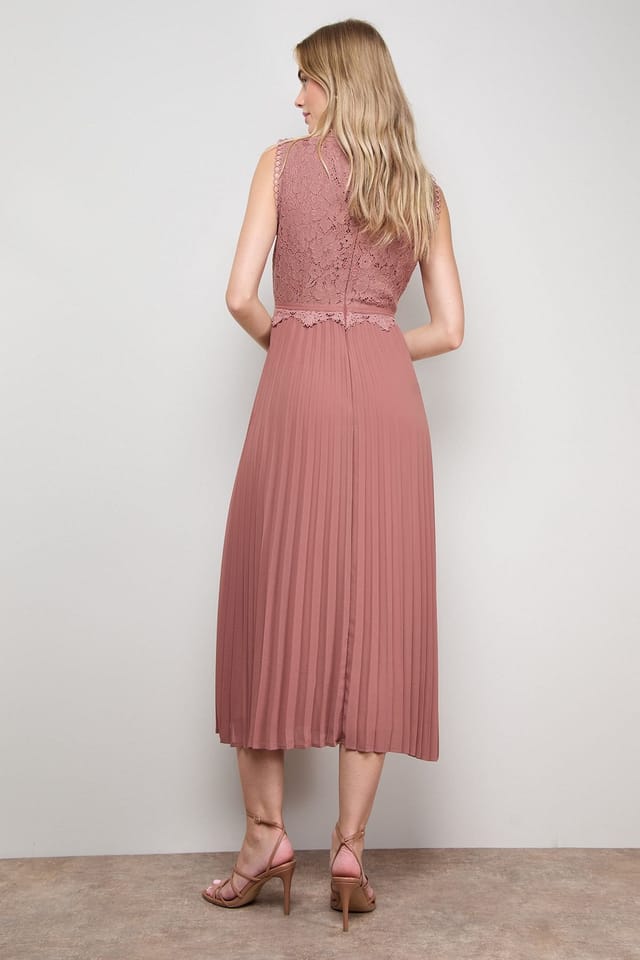 Oasis Oasis Women's Lace Trim Detail Pleated Midi Dress in Champagne - 3