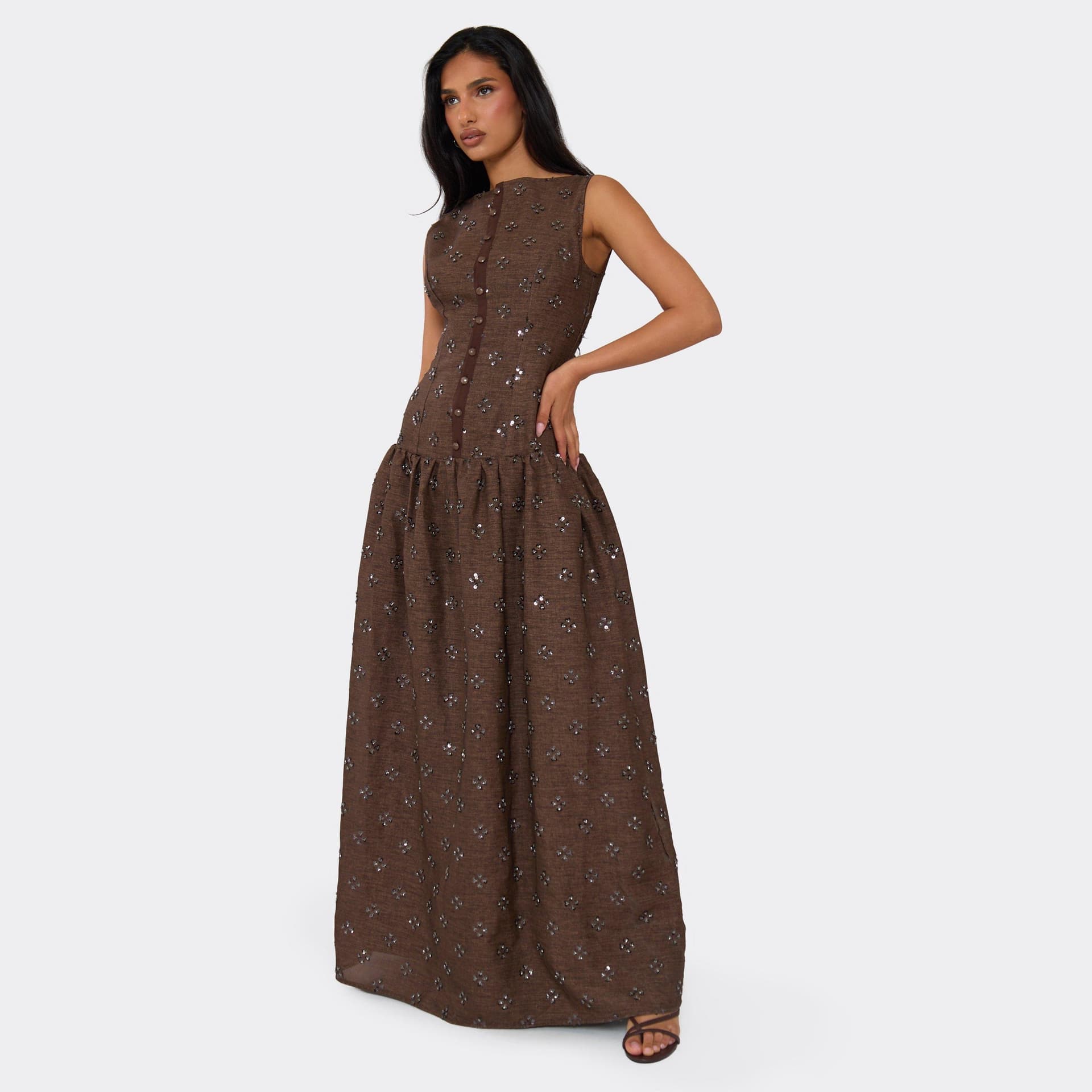 EGO Sleeveless Floral Sequin Detail Button Up Maxi Dress In Brown, Women's Size UK 6
