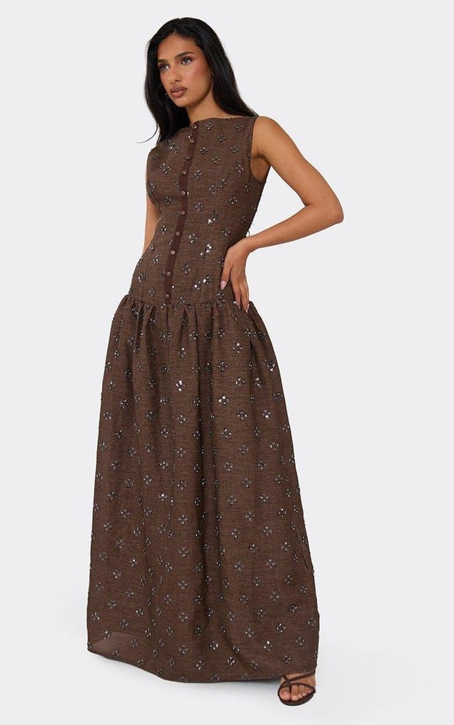 EGO Sleeveless Floral Sequin Detail Button Up Maxi Dress In Brown, Women's Size UK 6 - 2