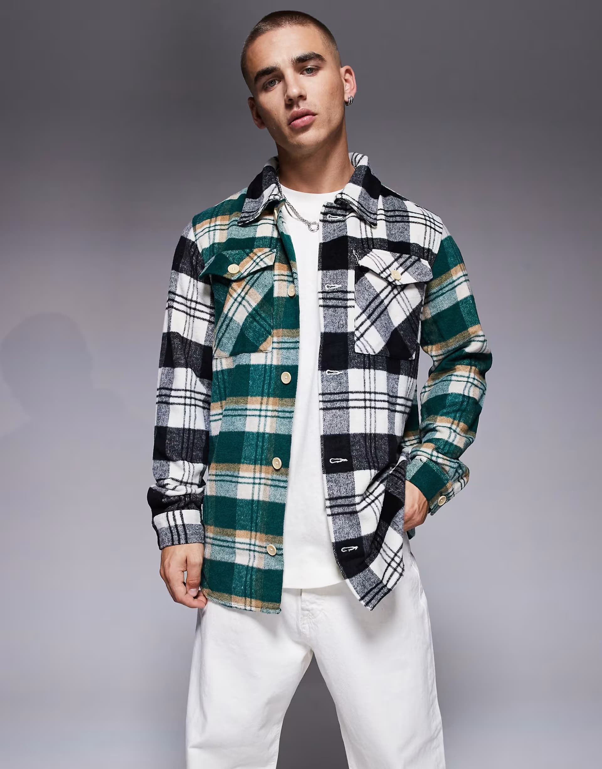 ASOS ADPT oversized heavy brushed check overshirt black & green