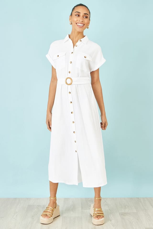 Yumi Yumi Women's Viscose Linen Look Midi Shirt Dress With Wooden Belt in White - 3
